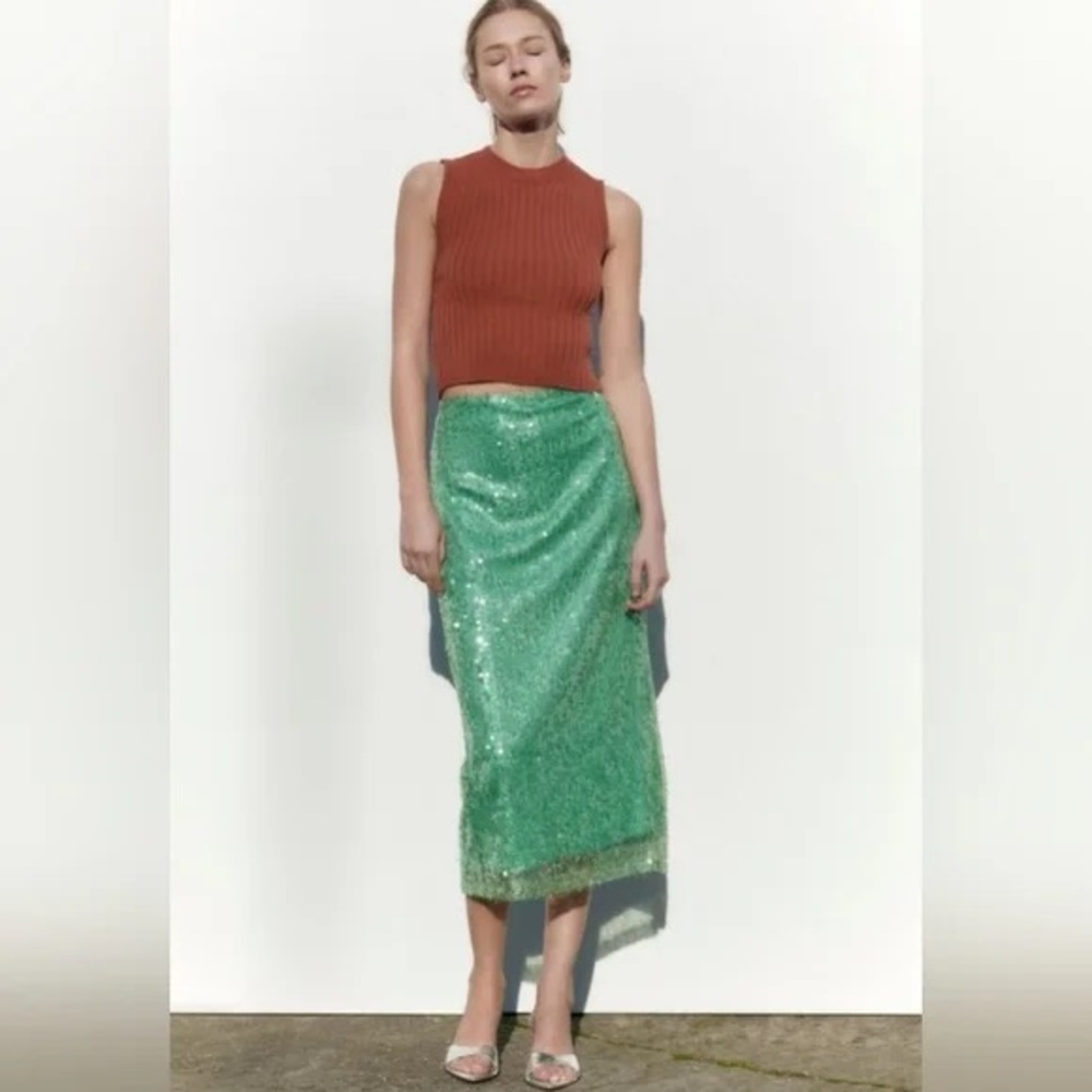 Zara Green Sequin Midi Skirt